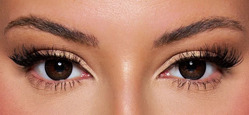 Front view of a model wearing dark colored contact lenses paired with dramatic lashes and soft glam makeup – a bold, mesmerizing look by KIISBEAUTY.