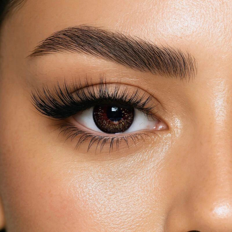 Close-up of a deep galaxy brown contact lens with glitter-like effect – paired with long lashes and flawless skin.